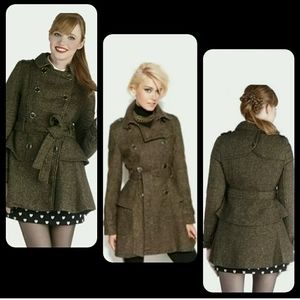 STEVE MADDEN Green Wool Blend Peplum Tweed Coat